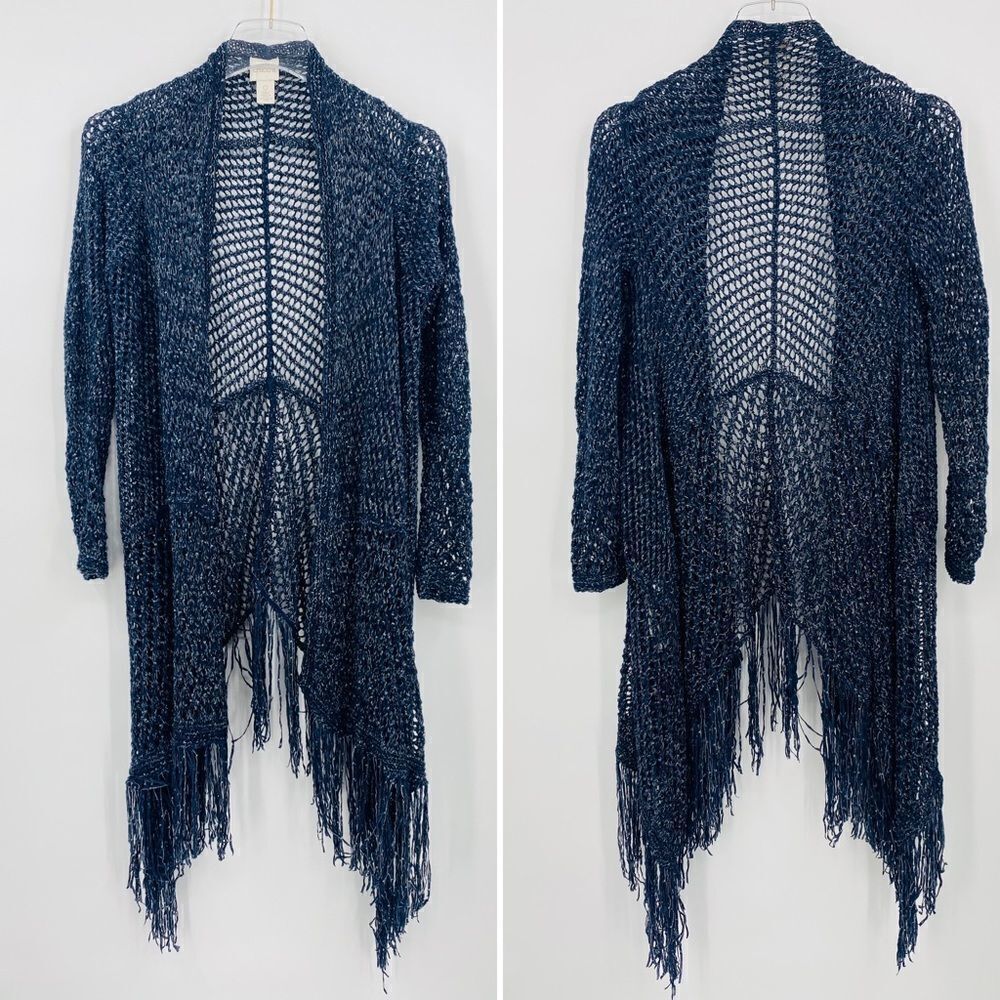 Chico's Size Small Navy Blue Metallic Knit Artisan Fringe Sloane Cardigan